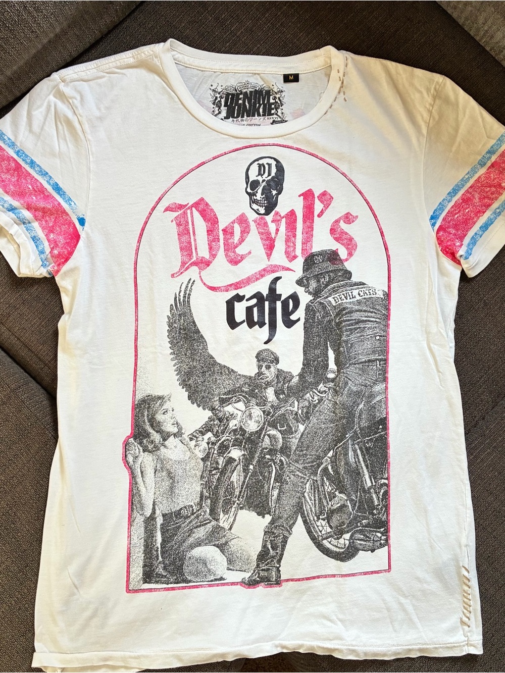 Vintage Devil's Cafe Graphic Tee - White with Pink and Blue Accents